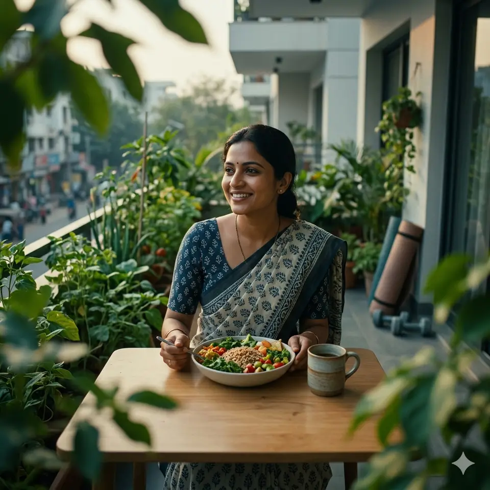 Woman enjoying a balanced meal on a calm balcony.